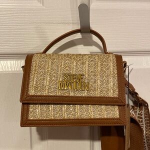 BNWT STEVE MADDEN Cognac Straw Bhama Crossbody Top Handle Bag